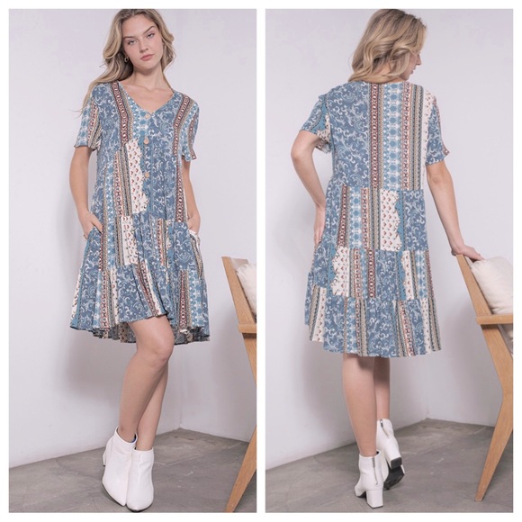 Boho V-Neck Border Print Tiered Mini Dress - Picture 3 of 5